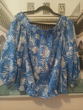 Blue Tropical Print Off-Shoulder Women's Top